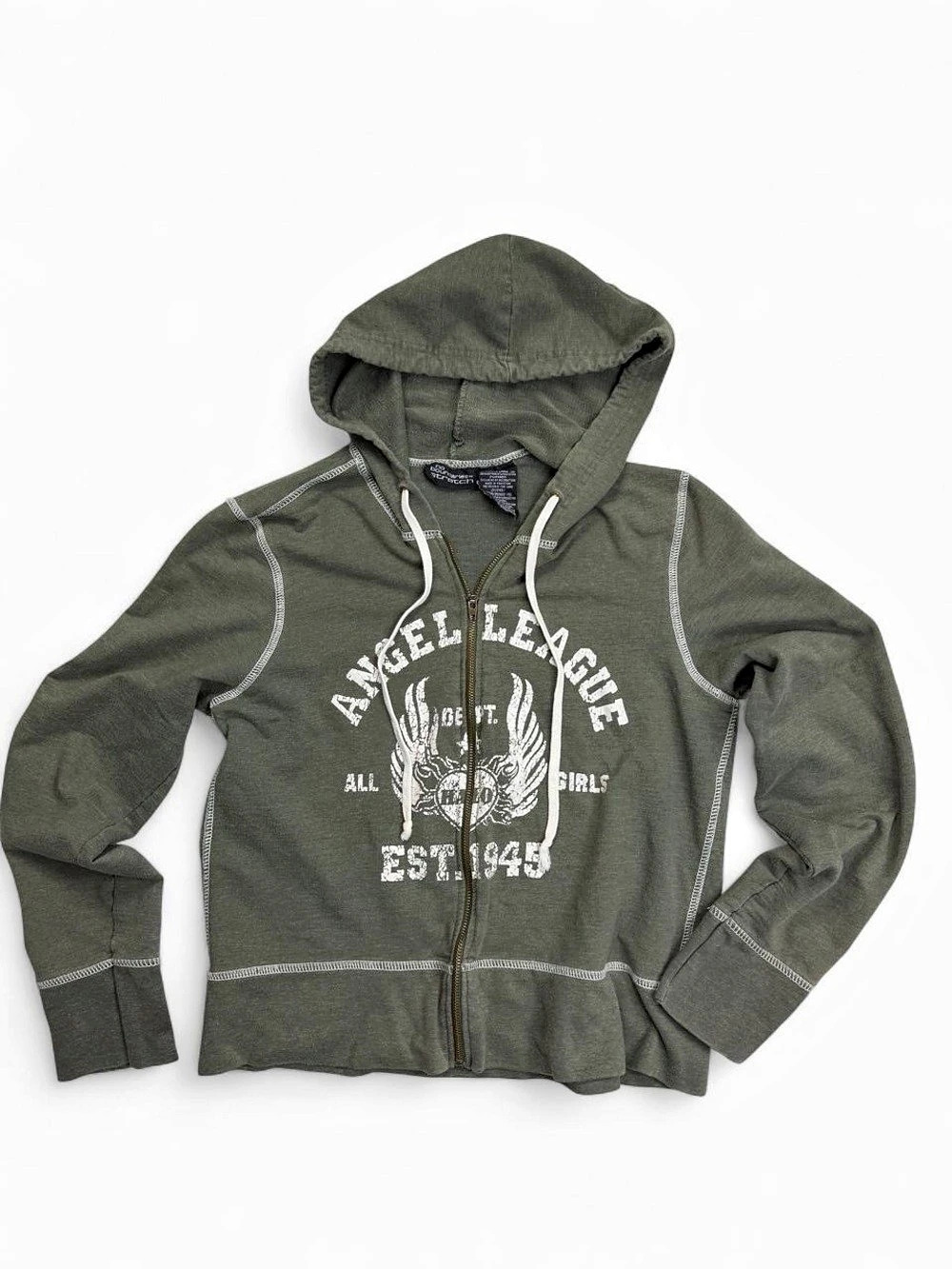 Y2K No Boundaries Olive Green Zip-Up Hoodie | Juniors XL 15 Skater Grunge